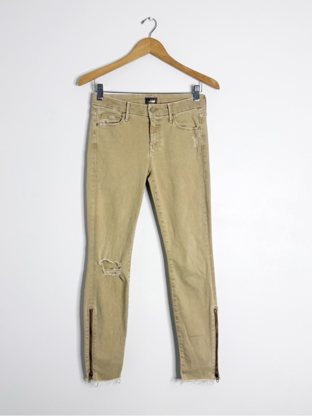 Mother Looker Zip Fray Jeans 26 Blowout Tan Distressed Ankle Zip Skinny Raw Hem